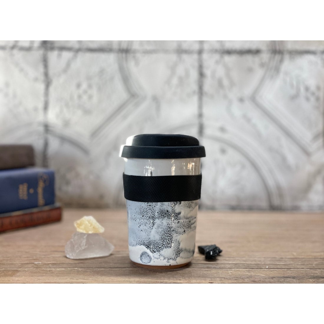 White Ceramic Travel Mug with Silicone Lid and Sleeve by Gravesco Pottery