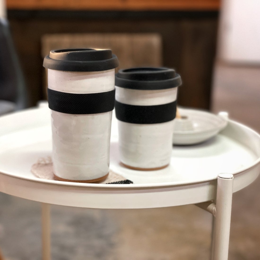 White Ceramic Travel Mug with Silicone Lid and Sleeve by Gravesco Pottery